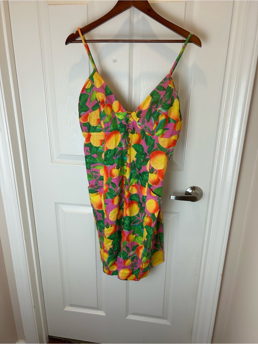 NWT ANTHROPOLOGIE FARM RIO PEACH SUNSET LINEN MINI DRESS LARGE - Picture 2 of 14